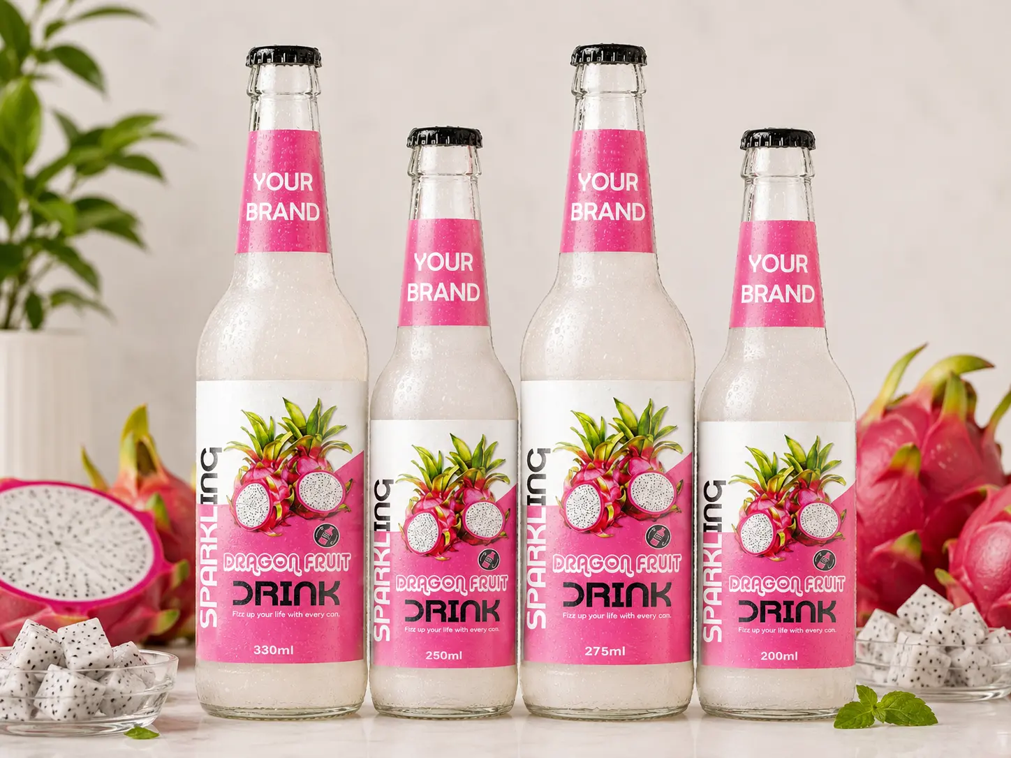 SPARKLING DRINK Dragon Fruit Flavored Drink in 330ml, 250ml, 275ml, and 200ml glass bottles.